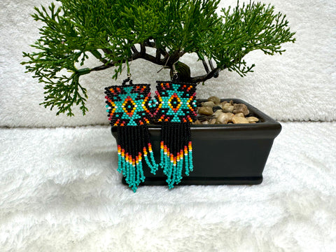 Black and Turquoise Geometric Beaded Earrings