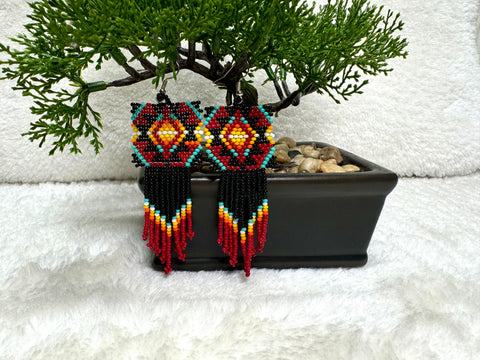 Burgundy Geometric Beaded Earrings with Burgundy tip