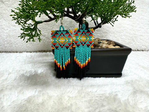 Fire Color Turquoise Geometric Beaded Earrings