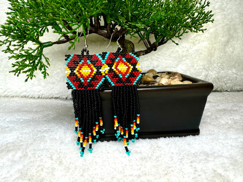 Burgundy Geometric Beaded Earrings with Fire Tip